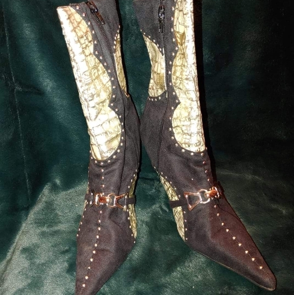 NEW MIDNIGHT VELVET BLACK/GOLD CALF BOOTS SHOES SIZE 11 - Picture 4 of 6